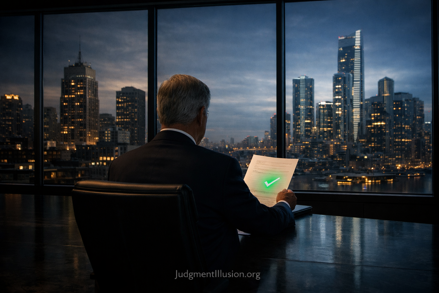 Senior professional reviewing a correct decision while the world outside has already changed